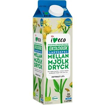 Mellanmjölksdryck Laktosfri 1,5% 1l KRAV ICA I love eco.