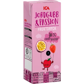 Fruktdryck Jordgubb &amp; passionsfrukt 20cl ICA.