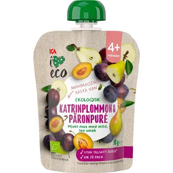 Katrinplommon &amp; päronpuré Ekologisk 4m 90g ICA.
