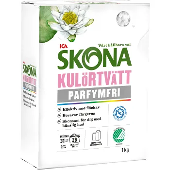 Tvättmedel Kulörtvätt Parfymfri 1kg Miljömärkt ICA Skona.