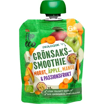 Grönsakssmoothie Morot, äpple, mango &amp; passionsfrukt 6m 90g ICA I love eco.