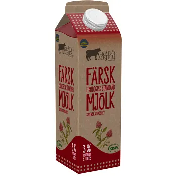 Standardmjölk 3% KRAV 1l Grådö Mejeri.