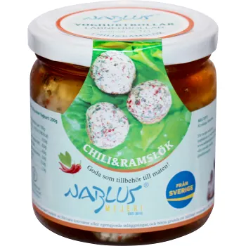 Yoghurtbollar Chili &amp; ramslök 280g Nablus Mejeri.