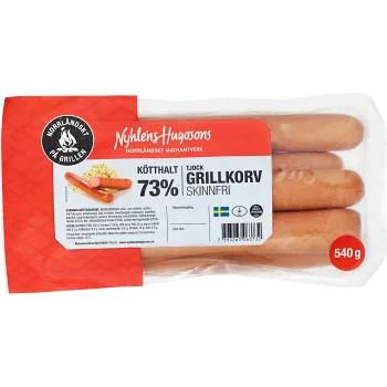 Grillkorv Tjock Skinnfri 540g Nyhléns Hugosons.
