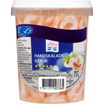 Räkor handskalade i lake 250g Hållö.