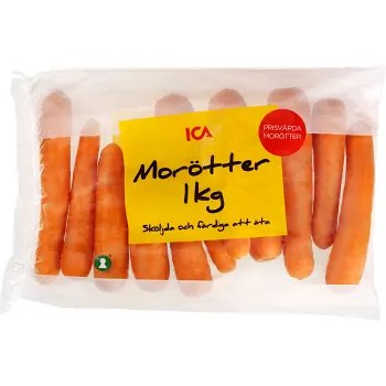 Tvättade morötter 1kg Klass 1 ICA.