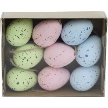 Ägg med hänge i fina pastellfärger rosa, gröt och blått. Storlek: 9-pack, 4 cm..