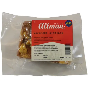 Varmrökt Sidfläsk i bit ca 500g Allmans.