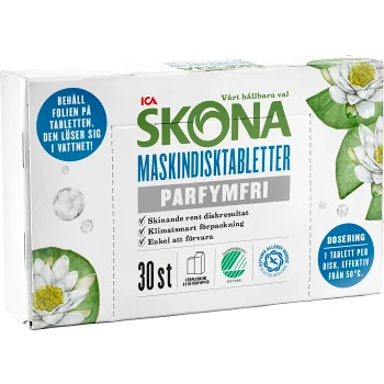 Maskindisktablett Parfymfri 30-p Miljömärkt ICA Skona.