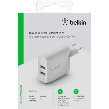Väggladdare dubbel USB-A Belkin.