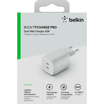 Väggladdare dubbel USB-C 65W Belkin.