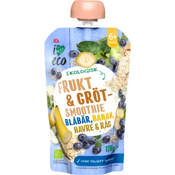 Grötsmoothie blåbär, banan, havre &amp; råg 6m 120g ICA I love eco.