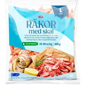 Räkor med skal 70/90 Fryst 500g ICA.