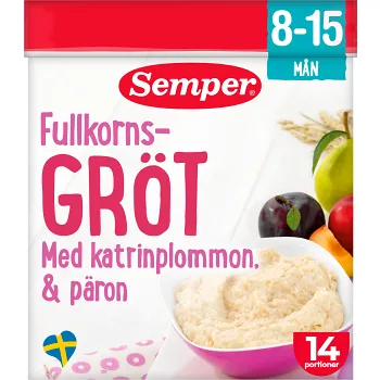 Fullkornsgröt Pear, prune &amp; apple 8M 14 port 470g Semper.