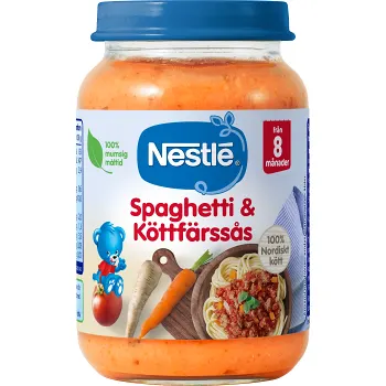 Barnmat Spaghetti &amp; köttfärssås 8m 190g Nestle.
