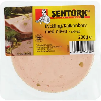 Kyckling Kalkonkorv med oliver skivad 200g Sentürk.