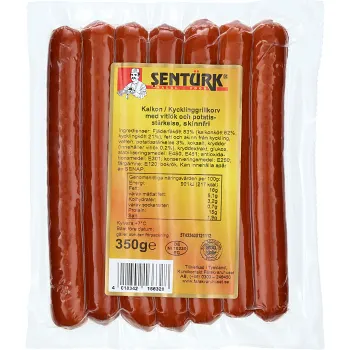 Kalkon Kycklinggrillkorv med vitlök skinnfri 350g Sentürk.