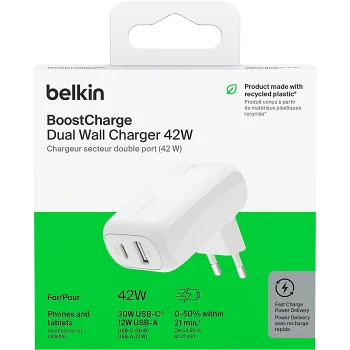 Väggladdare USB-C+USB-A Vit.