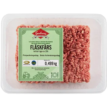 Fläskfärs Fetthalt 20% ca 500g Skövde Slakteri AB.