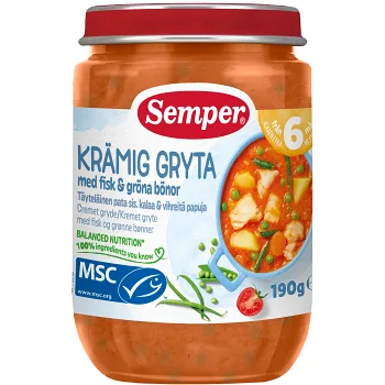 Barnmat Krämig gryta med fisk &amp; gröna bönor 6m 190g Semper.