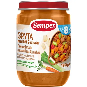 Gryta med biff &amp; rotsaker 8m 190g Semper.