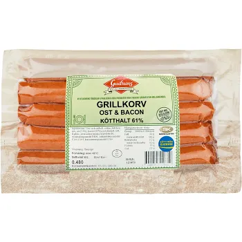 Grillkorv Ost &amp; Bacon Alspånsrökt 8-pack 480g Gudruns.