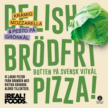 Brödfri pizza Mozzarella pesto åå vitkålsbotten 250g For Real! Foods.