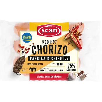 Choritzo Red hot Paprika &amp; Chipotle 75% Kötthalt 300g Scan.