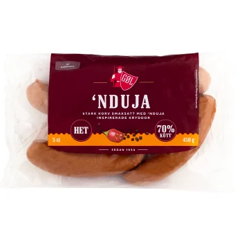 Grillkorv 'Nduja Het 70% Kötthalt 450g Göl.