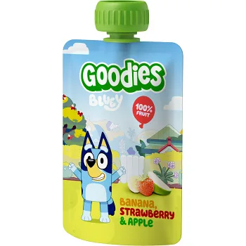 Barnsnacks Bluey banana, strawberry &amp; apple 3år 100g Goodies.