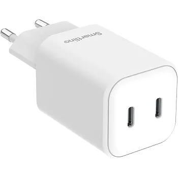 Väggladdare 45W 2xUSB-C vit Smartline.