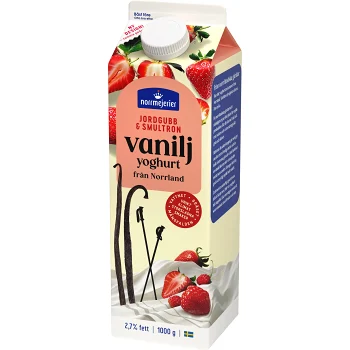 Vaniljyoghurt Jordgubb Smultron 2,7% 1000g Norrmejerier.
