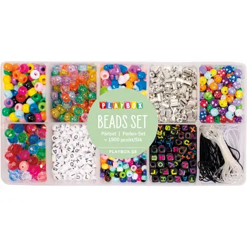 Pärlor med snoddar i förvaringsbox Playbox.