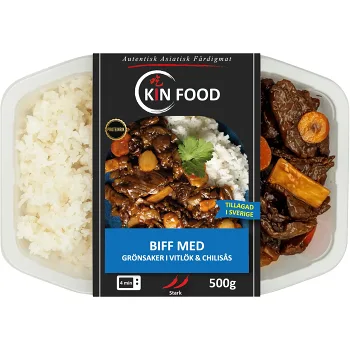 Färdigmat Thai Ryggbiff med Grönsaker i Vitlök och Chilisås 500g Kin Food.
