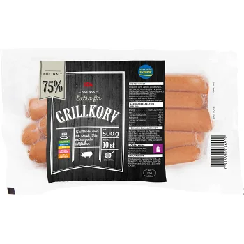 Grillkorv Extra fin 75% Kötthalt 500g ICA.