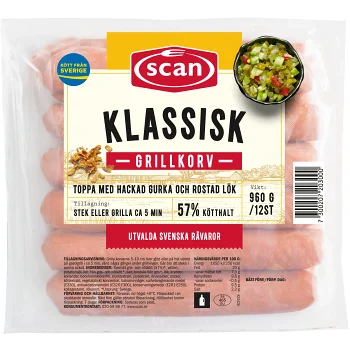 Grillkorv Klassisk 57% Kötthalt 960g Scan.