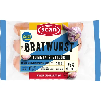 Bratwurst Kummin Vitlök 75% Kötthalt 300g Scan.