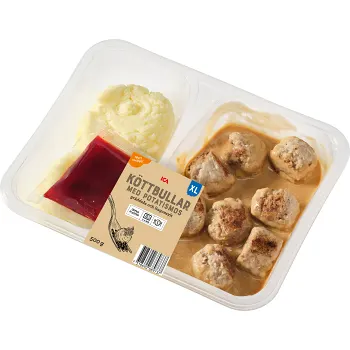 Färdigmat Köttbullar med Potatismos Lingonsylt XL 500g ICA.