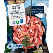 Räkor med skal 90/120 st/kg Fryst 500g Royal Greenland.