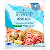 Räkor med skal 70/90 Fryst 500g ICA.