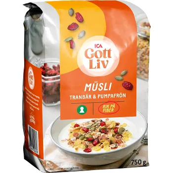 Müsli Tranbär &amp; pumpafrön 750g ICA Gott Liv.