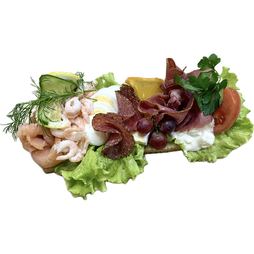 Landgång med räkor, kallrökt lax, brie, salami, rostbiff