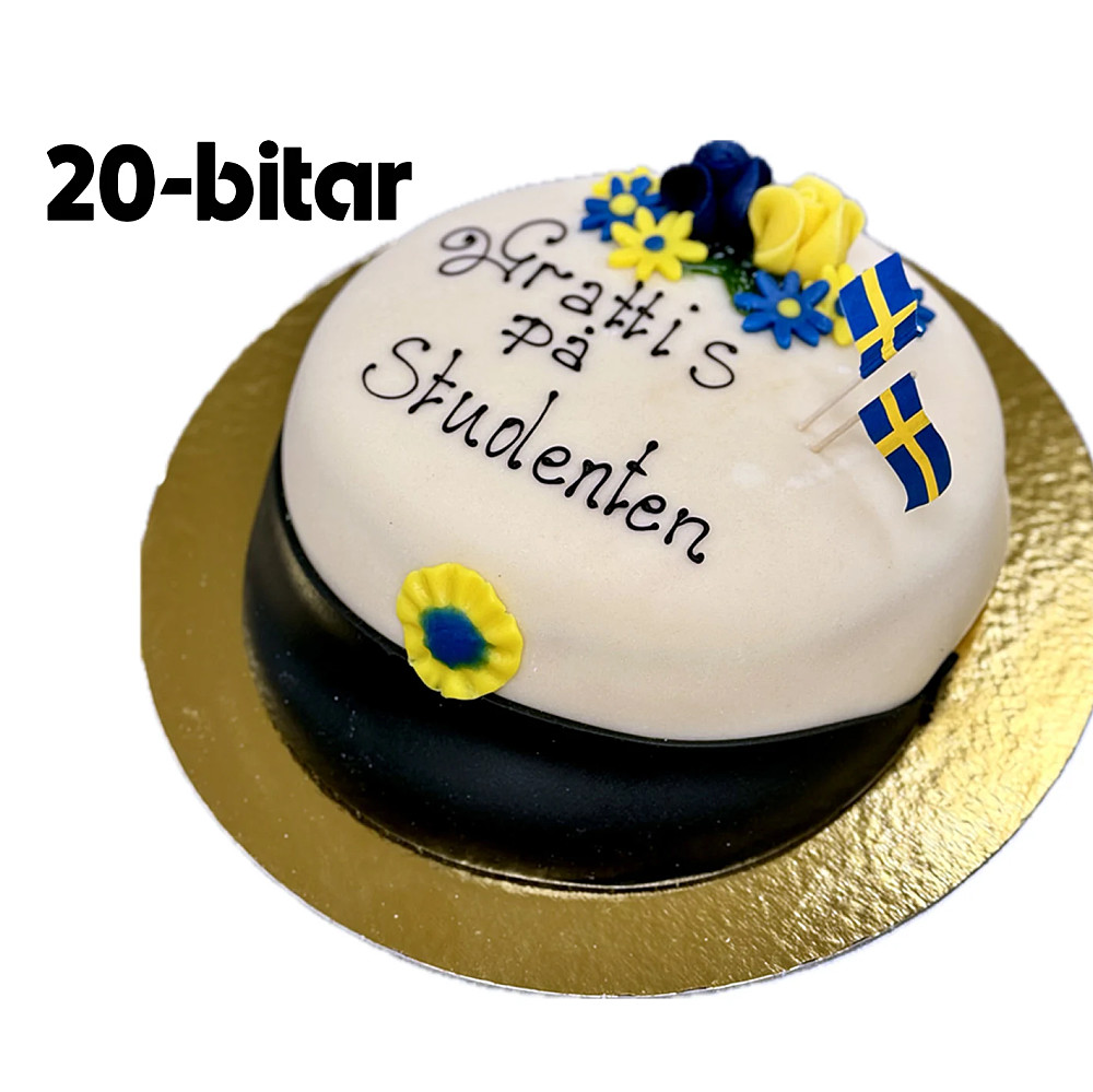 Studenttårta 20 bitar med svensk flagga och rosor.