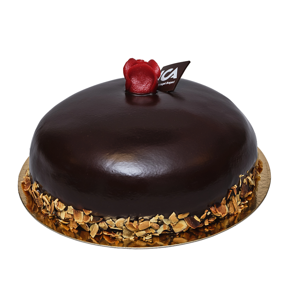 En klassiker, med päronsylt, vaniljkräm och pärongrädde, täckt med marsipan och chokladganache.