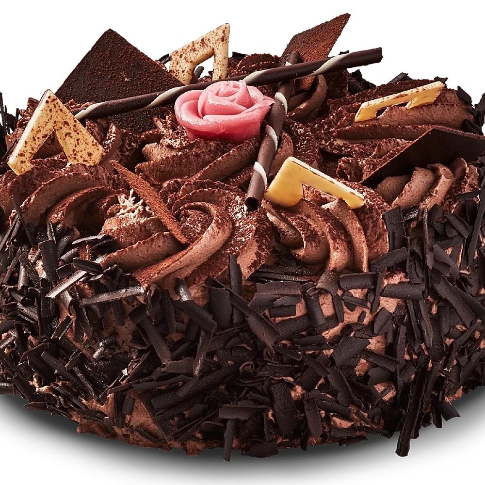 Mörk härlig chokladbotten med len chokladmousse och kanter med hyvlad mörk choklad. Dekorerad med kakao, chokladkvadrater och marsipanros.