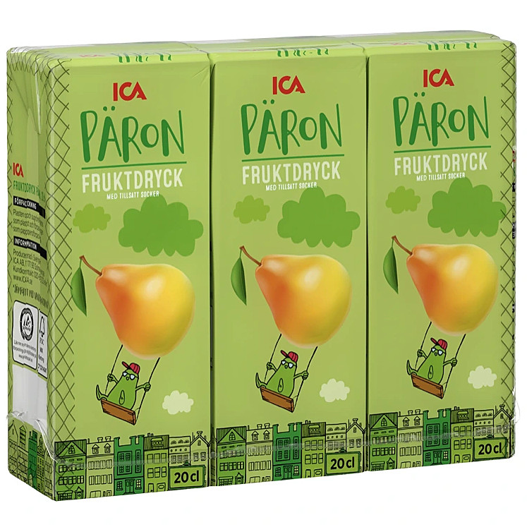 Pärondryck. 3st gröna förpackningar. Bild på ett päron på förpackningen.