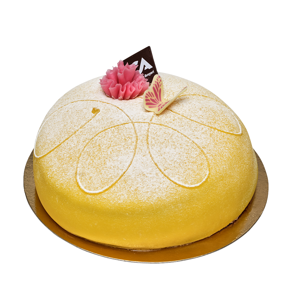 En tårta som vi har döpt till summertwist och den innehåller lemoncurd, vaniljkräm och hallongrädde och är täckt med gul marsipan.