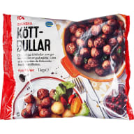 En förpackning med frysta köttbullar visas med en bild av tillagade köttbullar i en gryta och på en tallrik.