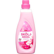 En plastflaska med sköljmedel i.