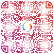 En QR-kod med prickar i mönster och en liten logotyp i mitten.